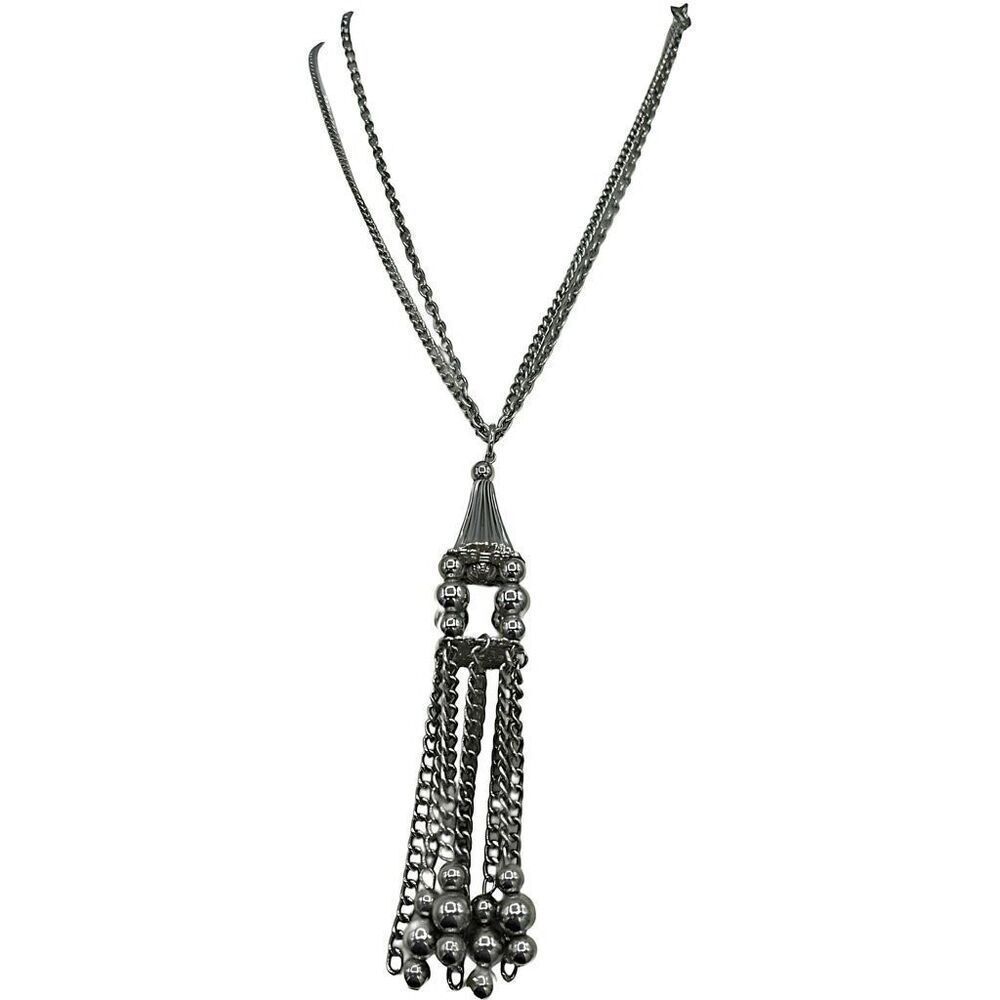 Vintage boho double chain beaded box tassel necklace.